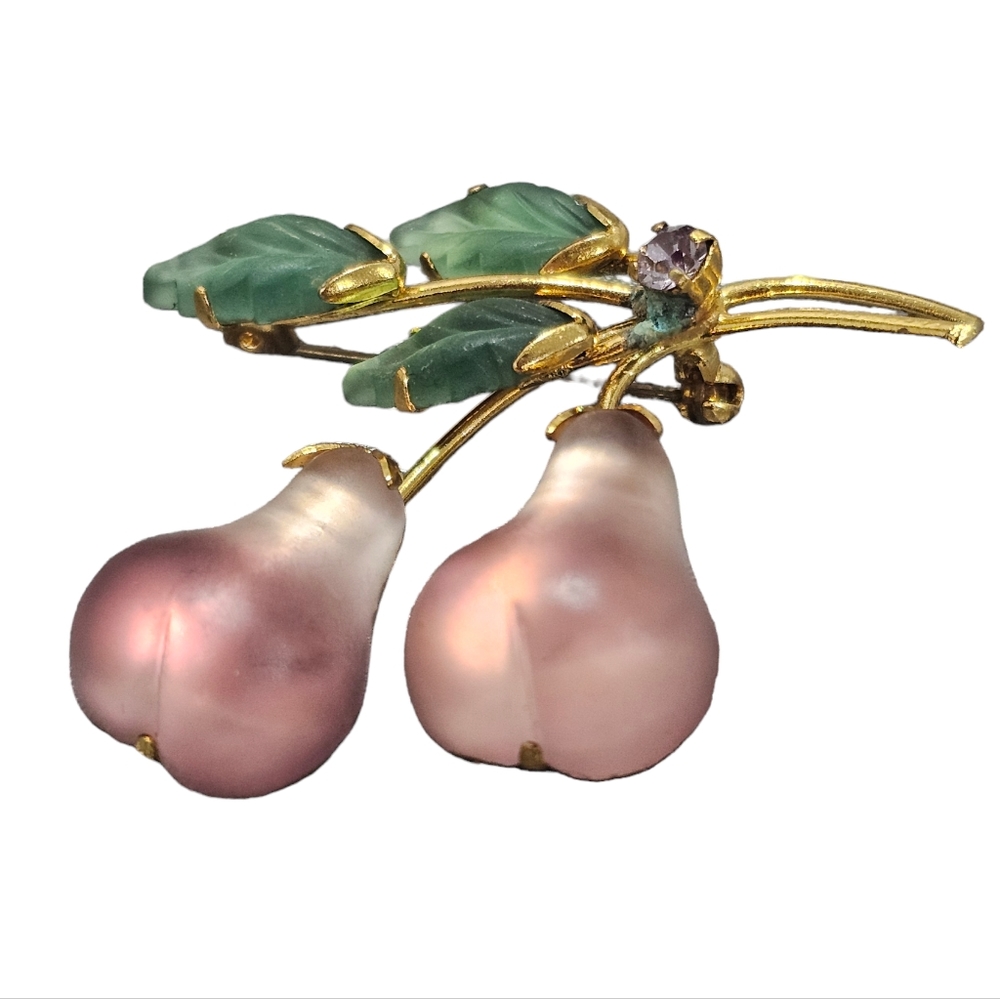 Austrian Collector's Art Glass Floral Pear Pin/Brooch w Crystals in Gold 1940s
